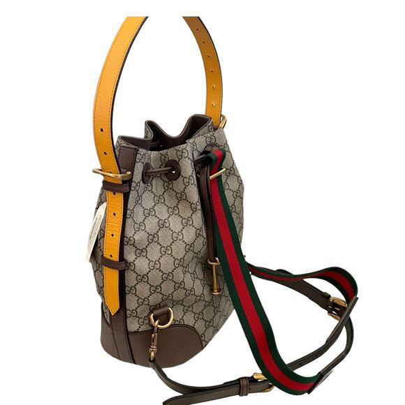 New GUCCI Neo Vintage GG Supreme Bucket Backpack Tiger Head Logo Drawstring Tan - Picture 9 of 16
